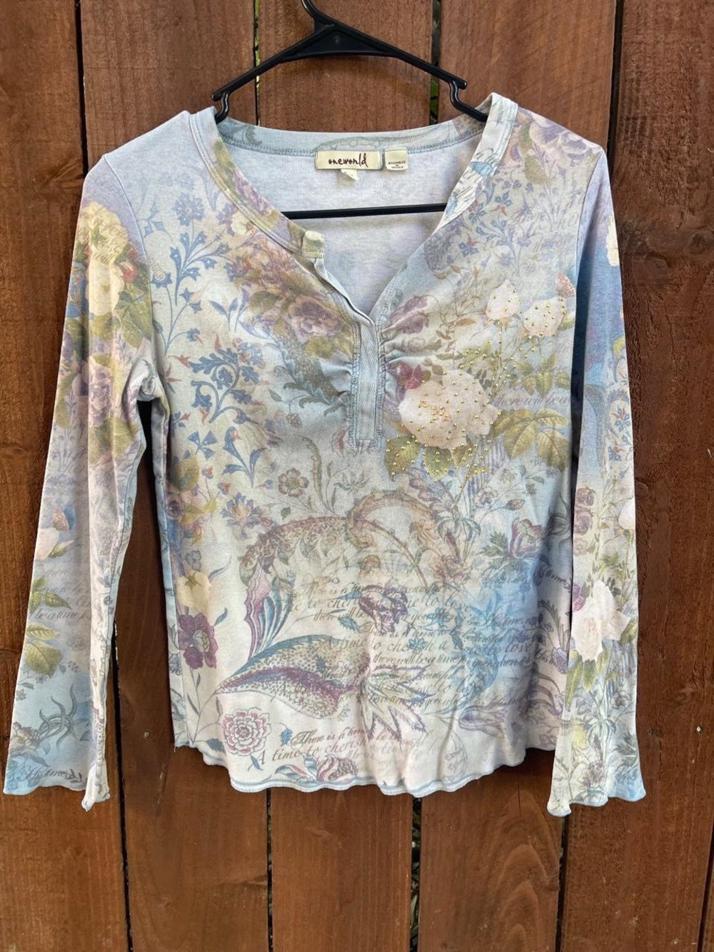 One World Y2k Fairy Grunge Long Sleeve Ruched Top Rhinestone Detail Sz PL